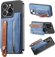 TrsmVise for Magsafe Wallet,Magnetic Card Holder for iPhone 16/15/14/13 Series,Up to 4,200Gs Magnet Strength,with Wallet Stand Function,and Strap&Zipper,RFID Blocking,Fit 4 Cards,Vegan Leather Blue