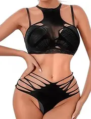 [Fanmorph] Mesh Teddy Lingerie for Women – Sexy See Through Mesh Chemise Babydoll Bodysuit & Fishnet Bodysuit Outfit, Black