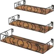 Moon Phase Floating Shelf Black, Set of 3 Small Wall Shelves Brown Board, Plant