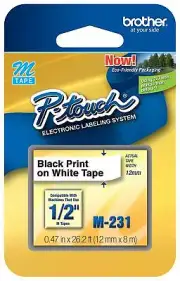 Brother M-231 P-Touch Adhesive Black on White Label Tape, M231 GENUINE