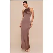 Mushroom Satin Halter Flared Maxi Dress, Mushroom