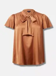 Torrid Satin Tie Front Neck Flutter Sleeve Blouse Brown Plus 3 3X 22 24 #G40956