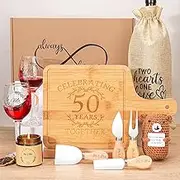 Pengtai 50th Anniversary Couple Gifts: 50th Wedding Anniversary Serving Board Set, Bamboo & Glass, Engraved Design, Freesia-Scented Candle, Hand-Knitted Bear, Mr & Mrs Wine Glasses