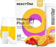 5 In 1 REACTONZ - Immune Booster Supplement with Vitamin C, Zinc, Manuka Honey, Rosehip & Propolis – Natural Orange Flavour Fizzy Drink for Daily Immune Support (60 Effervescent Tablets)