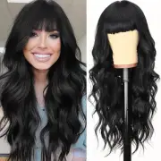 Black Wig with Bangs Long Wavy Synthetic Wig for Women with Daily Party Use