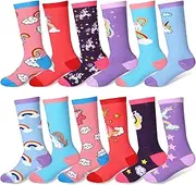 [Cuffbow] 12 Pairs Girls Cute Silly Unicorn Socks Unicorn Long Socks Kids Knee High Tube Socks Soft Cotton Socks for Girls 5-8 Years Soccer Cheerleaders Child Gift, As Shown, One Size