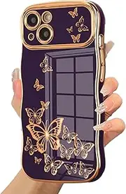 ZTOFERA for iPhone 15 Case, Cute Wave Frame Curly Shape Case with Luxury Plating Butterfly for Women Girls, Full Camera Protection Shockproof Phone Cover for iPhone 15 - Dark Purple