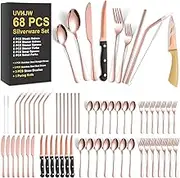 68 Pieces Rose Gold Silverware Set with Steak Knife for 12, Stainless Steel Flatware Cutlery Set, Tableware Knives, Forks, Spoons, Home Kitchen Serving Utensil Set, Mirror Polished