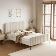 Oikiture Bed Frame Queen Double King Single Beds Velvet Fabric Beige