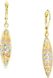 [JewelryWeb] 10k Yellow White and Rose Gold Marque Shaped Horizontal Sparkle Cut Stripe Long Drop Dangle Earrings-Dangle Earring for Women