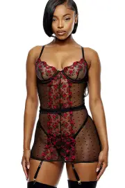 Forplay Bed of Roses 3 Piece Embroidered Chemise Set with Garter Belt and Panty