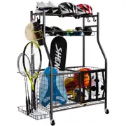 VEVOR Sports Equipment Garage Organizer, Rolling Ball Storage Cart on Wheels, Basketball Rack with Baskets & Hooks, Indoor/Outdoor Sports Gear and Toy