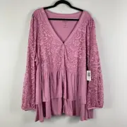 Torrid Babydoll Lace Super Soft Mix Tiered Button-Down Top Size 5X Mauve Floral