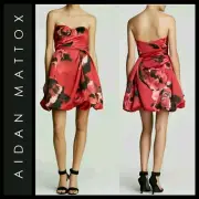 $295 AIDAN MATTOX Red Floral Multi Strapless Pocketed Cocktail Dress ~12 M3020