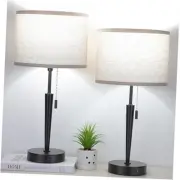 Set of 2 Bedside Table Lamp, Pull Chain Nightstand Lamps with USB C Beige