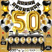 50th Birthday Decorations for Women Or Men, 50 Year Old Birthday Party Supplies Gifts for Her Him Including Happy Birthday Banner, Fringe Curtain, Tablecloth, Photo Props, Foil Balloons, Sash