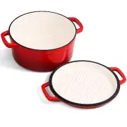 2 in 1 Enameled Cast Iron Dutch Oven, 5.5QT Enamel Dutch Oven with Skillet Li...