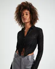 Aisha Textured Mesh Butterfly Hem Long Sleeve Shirt Black