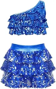 [Miutii] Girls Shiny Sequins Crop Top with Skirt Lyrical Dancing Dress Ballroom Outfit 2PCS Modern Dancewear