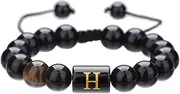 [RINTOLER] Initials Bracelets for Men Letter Link Handmade Natural Black Onyx Tiger Eye Stone Adjustable Beaded Bracelet Braided Rope Bracelets.
