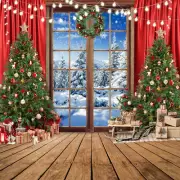 SJOLOON Christmas Backdrop Wood Floor Christmas Tree Backdrop Windows Snow Ba...