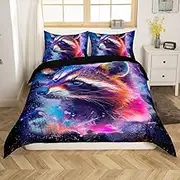 Erosebridal Cartoon Racoon Queen Duvet Cover Watercolor Animal Bedding Set for Boys Girls, Psychedelic Galaxy Stars Bed Set Rainbow Graffiti Comforter Cover, Trippy Nebula Cosmos Bedspread Cover