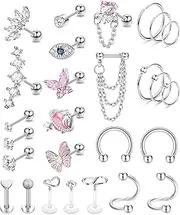 [Kakonia] 27Pcs 16G Cartilage Earrings For Women Men Tragus Piercing Jewelry Stainless Steel Conch Stud Hoop Earring Hypoallergenic Cz Butterfly Heart Cartilage Tragus Conch Helix Daith Piercing Jewelry