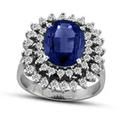 Oval Blue Sapphire and 0.75 CT. T.W. Natural Diamond Double Sunburst Frame Ring in Solid 14K White Gold