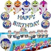 NEW TUHI 61 Pcs party Baby Shark Party Supply, 10 pcs Baby shark Helium Balloons, 48pcs Baby Shark Cake toppers & Covers, 1 Main Cake Topper, 1 Baby Shark Table cloth, Baby Shark Birthday Decorations