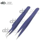 2 Pieces Straight and Curved Tip Tweezers Eyelash Extensions, Blue Color