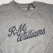RM Williams Jumper Mens Size 3XL Grey Blue Embroidered Script Crew Neck Sweater