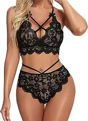 [DGKaxiyaHM] Women Two Piece Naughty Floral Underwear And Panty Sexy Sling Lace Babydoll Lingerie Set Backless Bra Brief Suit