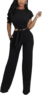 [GarRela] Women's Casual 2 Piece Outfits Round Neck Short Sleeve Stretchy Pullovers See Through Crop Tops Long Pant Sets