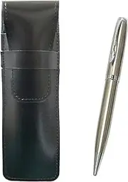 2 Pack Slim Cow Leather Pen Case Black Elegant Silver Rotating Ballpoint Pen Set T23-ASB-LF01CB-2