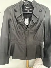 White House Black Market Black 100% Leather Jacket Blazer Ruffle Collar Sz XXS
