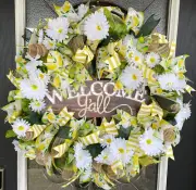 Welcome Y'all Lemon Lime Daisy Deco Mesh Front Door Wreath Handmade Summer Decor