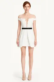 EMMA Scalloped Off Shoulder Party Dress in Off White
