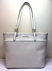 Michael Kors Winston Medium Top Zip Pocket White Leather Tote Shoulder Bag