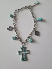 Silver Finish Metal Chain Boot Western Shoe Bracelet With Turquoise Stone Cross