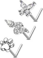 [COCHARM] 3PCS Butterfly Nose Ring Stud Pack 20g L Bend Snake/Paw Print Nose Piercing Silver 316L Stainless Steel Nostril Stud for Women Men