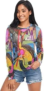 [RPLIFE] Graffiti Painting Abstract Style Mesh Long Sleeve Top, Women Sheer Tops S-XXL
