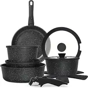 Pots and Pans Set Non Stick, 15pcs Kitchen Cookware Sets, Dishwasher/Oven/Fridge Safe, Space Saving Pots Set, Nonstick Set with Versatile Detachable Handle, Induction RV Set, Cream (Black)