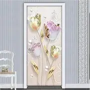 Door Stickers 3D Stereoscopic Tulip Flowers Door Sticker Wall Decals DIY Self-Adhesive Waterproof Vinyl Wallpaper Poster Door Mural Home Decor(95x215cm)