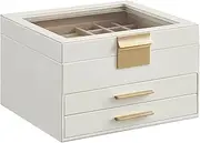 [SONGMICS] Jewelry Box with Glass Lid, 3-Layer Jewelry Organizer, 2 Drawers, for Big and Small Jewelry, Jewelry Storage, 8 x 9.1 x 5.3 Inches, Cloud White and Gold Color UJBC239WT