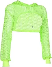 [KBQLXPKJW] Women Mesh Crop Top Fishnet Hoodie Rave Tops Long Sleeve See Through Shirt for Festival Night Club/1115