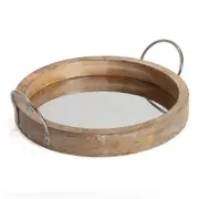 Willow & Silk Wooden 33cm Round Mirrored Tea/Coffee Serving Tray w/ Handles