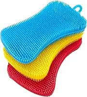NILLOS Kitchen Sponge Brush, 3 PCS Silicone Double Sided Cleaning Brush for Dishes, Kitchen Gadgets and Accessories (Red, Yellow, Blue)
