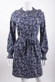Boden Womens Smocked Jersey Dress UK 14 US 10 Navy Blue Leafy Sprig D0038 NWT