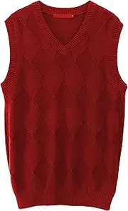 [SWJGLITTR] Mens Slim Fit Sleeveless Sweaters Casual Argyle V-Neck Vest Pullover Knitted Sweater Vests, Red, Small