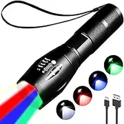 MODOAO 4 in 1 LED Flashlight Rechargeable Red Green Blue White Light 4 Modes Photography Fill Light Zoomable Waterproof Multicolor Flashlight for Fishing Camping Hiking Daily